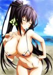 1girl adjusting_clothes adjusting_swimsuit beach bikini breasts cleavage closed_eyes female hair huge_breasts infinite_stratos large_breasts long_hair ocean ponytail see-through shinonono_houki slender_waist solo string_bikini swimsuit wamwam