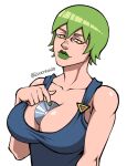  1girl 1girl big_breasts big_breasts breasts clothing female_focus female_only foo_fighters green_hair jojo&#039;s_bizarre_adventure luckyshazo object_between_breasts short_hair solo_female solo_focus stone_ocean 