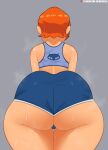 1girl 2021 alternate_version_available artist_signature ass ass_focus ass_shot back back_view ben_10 big_ass bubble_butt cartoon_network coldarsenal dat_ass facing_forward female female_only gwen_tennyson huge_ass low-angle_view orange_hair sexy sexy_ass short_hair simple_background sportswear thick_thighs thighs tight_clothing tight_fit white_background workout_clothes