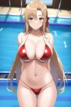 1girl 1girl alluring amber_hair asuna_(sao) big_breasts bikini brown_eyes cleavage nightcore_(artist) sword_art_online