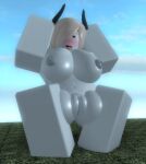 1girl 2018 big_breasts blue_nipples blue_pussy blue_skin blush breasts corliss female_only gray_hair grena grey_hair hair_over_one_eye horns nude pussy roblox squatting tongue_out