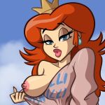  1girl 2020 blue_eyes breast crown earrings eyelashes eyeshadow female_focus female_only flashing looking_at_viewer nail_polish nintendo nipple phazyn princess_peach princess_toadstool red_hair shirt shirt_pull super_mario_bros. the_super_mario_bros._super_show! 