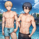  2boys abs athletic_male black_hair blonde_hair blue_eyes eugeo fit_male kirigaya_kazuto kirito pool resort swimming_pool swimming_trunks sword_art_online xxpzxx 