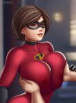  1boy 1girl 1girl big_breasts bodysuit breast_grab breasts disney elastigirl flowerxl helen_parr milf nipple_bulge pixar pokies superheroine the_incredibles 