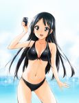 1girl :d akiyama_mio bikini black_bikini black_eyes black_hair blush camera cloud female front-tie_top highres k-on! kaiga long_hair navel open_mouth round_teeth sky smile solo sparkle swimsuit teeth wet