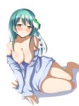  1girl aqua_hair bare_legs bare_shoulders blush breasts clothing deego_(omochi_bazooka) deego_(omochi_bazooka) feet female frog_hair_ornament green_hair hair_ornament high_resolution highres kochiya_sanae large_breasts legs long_hair long_sleeves nipples off-shoulder_sweater off_shoulder ribbed_sweater sleeves_past_wrists snake_hair_ornament solo sweater touhou touhou_project 