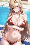 1girl alluring amber_hair asuna_(sao) big_breasts bikini brown_hair cleavage nightcore_(artist) swimming_pool sword_art_online