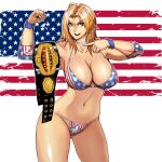 1girl alluring american_flag american_flag_bikini armlet belt big_breasts bikini blonde_hair blue_eyes breasts butcherboy championship_belt choker curvy dead_or_alive flag_print high_res long_hair pointing smile swimsuit tecmo tina_armstrong