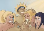 1boy 3girls cum cum_in_mouth deepthroat fellatio hand_on_head hinata_hyuuga ino_yamanaka naruto naruto_shippuden naruto_uzumaki oral shiin tsunade