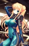 1girl adjusting_hair arm_up armor blonde_hair bodysuit breasts double_bun erect_nipples female green_eyes hair_bun himukai_kyousuke large_breasts lilia_kjellberg long_hair muvluv muvluv_alternative railing skin_tight solo two_side_up