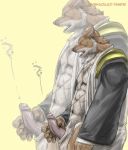  1boy anthro anthro_only bleach canine cum cumshot fox humanoid_penis komamura_sajin male male_only masturbation orgasm penis silver_fenrir simple_background solo_male yellow_background zoom_layer 