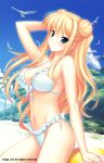 1girl arms_up ball beach beachball bikini bird birds blond_hair blonde_hair blush breasts cleavage double_bun female frilled_bikini frills green_eyes hair_bun himukai_kyousuke lilia_kjellberg long_hair muvluv muvluv_alternative navel palm_tree pose sand smile solo strap_gap swimsuit tree trees two_side_up