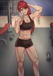 abs alluring athletic_female bangs blush bricc detailed_background female_abs fit fit_female green_eyes gym_clothes gym_shorts high_ponytail long_hair looking_at_viewer naviloser ponytail pyrrha_nikos red_hair rwby selfpic shiny_hair shiny_skin smile tagme toned toned_female workout