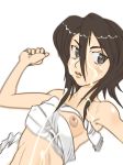  1girl bandage bandages black_hair bleach cum facial grey_eyes hair_between_eyes kuchiki_rukia nipple_slip nipples sarashi solo suesan tears 