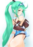  1girl alluring ass back bangs big_breasts breasts competition_swimsuit deekei elbow_gloves from_behind frontal_wedgie gem gloves green_eyes green_hair hair_ornament headpiece high_res jewelry long_hair matching_hair/eyes nintendo one-piece_swimsuit pneuma pneuma_(xenoblade) ponytail pose sideboob signature smile spoilers swept_bangs swimsuit thighs tiara very_long_hair wedgie xenoblade_(series) xenoblade_chronicles_(series) xenoblade_chronicles_2 