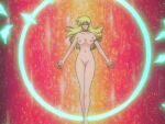  anime armband belly_button big_breasts blonde_hair breasts choker closed_eyes curvy cutie_honey navel new_cutey_honey nipples no_pussy nude red_background retro screen_capture screencap screenshot smile thin_eyebrows thin_waist 