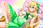 alluring blonde_hair green_eyes insanely_hot ken-ji leafa long_hair nightgown on_bed smile sword_art_online voluptuous