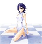  1girl black_hair bleach china_dress chinadress chinese_clothes dress hair_between_eyes kuchiki_rukia long_legs purple_eyes skinny solo 