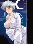 00s 1girl asymmetrical_hair bleach blush breasts center_opening cleavage down_blouse downblouse hair huge_breasts isane_kotetsu kagami_hirotaka kotetsu_isane large_breasts looking_at_viewer moon night robe short_hair silver_hair solo