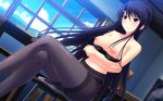  1girl black_hair blush bra breasts dutch_angle female game_cg indoors large_breasts legs_crossed long_hair nipples owari_mio pantyhose peassoft purple_eyes sakurage_shibayuki sitting sky solo underwear zutto_tsukushite_ageru_no! 