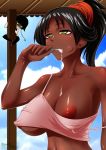 2girls big_breasts black_hair bleach breasts brushing_teeth cleavage cloud clouds dark_skin erect_nipples female large_breasts long_hair multiple_girls nipple_slip nipples sexually_suggestive shihouin_yoruichi sky soifon tamaden toothbrush underboob yellow_eyes