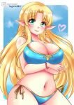  1girl alluring arms_under_breasts big_breasts bikini blonde_hair blue_bikini blue_swimsuit bracelet breasts clouds earrings gold_trim green_eyes long_hair looking_at_viewer midriff nintendo painted_fingernails princess_zelda side-tie_bikini side-tie_swimsuit sky sugarbell swimsuit the_legend_of_zelda triforce_earrings zelda_(a_link_between_worlds) 