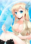  1girl arui_ryou blonde_hair blue_eyes boku_wa_tomodachi_ga_sukunai breasts butterfly cleavage collarbone female hair_ornament kashiwazaki_sena large_breasts long_hair open_clothes open_shirt shirt sitting solo 