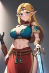 1girl alluring big_breasts blue_eyes blush breasts choker elf elf_female looking_at_viewer master_sword nightcore_(artist) nintendo perfect_body princess_zelda shoulder_pads skirt sword the_legend_of_zelda weapon zelda_(a_link_between_worlds)