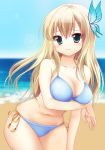  1girl bare_shoulders beach big_breasts bikini blonde_hair blush boku_wa_tomodachi_ga_sukunai breast_hold breasts butterfly_hair_ornament cleavage collarbone female female_only green_eyes hair_ornament halterneck hips kashiwazaki_sena long_hair navel ocean shiny shiny_skin shiramori_yuse side-tie_bikini sky solo solo_female swimsuit water yuse 