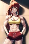 1girl abs alluring athletic_female buff cleavage female_abs female_only fit_female pyrrha_nikos rwby shorts sports_bra standing tranquilityartz