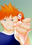 big_breasts bleach breasts highres inoue_orihime jitensha kurosaki_ichigo large_breasts microphilia minigirl nipples nude pussy size_difference uncensored