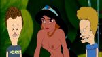 1girl 2boys aladdin_(series) annoyed beavis beavis_and_butt-head black_hair blonde_hair brown_hair butt-head clothed_male_nude_female crossover disney female_abs mtv princess_jasmine