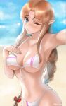  1girl alluring beach big_breasts bikini blonde_female blonde_hair blue_eyes blush braid braided_hair breasts curvy curvy_body curvy_female curvy_figure elf elf_ears female_only fingernails hand_on_breast hips long_ears long_hair nail_polish nintendo one_eye_closed pink_nails pointy_ears pose posing princess princess_zelda royal royalty selfpic swimsuit swimwear taking_picture the_legend_of_zelda thin_waist tommietomm tummy waist wink winking zelda_(a_link_between_worlds) 