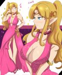 1girl alluring alternate_hairstyle big_breasts blonde_hair blue_eyes breasts cleavage dress evening_gown female_only grin hand_on_hip high_res karbuitt legs nintendo pointy_ears ponytail pose princess princess_zelda sensual smile the_legend_of_zelda thighs voluptuous zelda_(a_link_between_worlds)