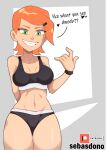 1girl aged_up aggressive arm_up armband arms_behind_back ben_10 breasts cartoon_network english_text flirting flirting_with_viewer green_eyes grin gwen_tennyson gym gym_uniform hairband hand_in_air incest light-skinned_female light_skin looking_at_viewer navel orange_hair sebasdono short_hair small_breasts smile sports_bikini sports_bra sportswear text thick_thighs thighs third-party_edit thong thong_bikini underwear