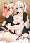  2girls animal_ears apron ass bed blonde_hair blue_eyes blush cat_ears female hair_ribbon long_hair mabinogi maid maid_headdress multiple_girls nao nao_(mabinogi) open_mouth panties red_eyes ribbon sitting smile striped striped_panties thighhighs twintails umitsubame underwear wariza white_hair yuri 