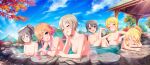  1girl 6+girls @_@ areola autumn_leaves bath bathing blonde_hair blush breasts clavicle cleavage closed_eyes cloud completely_nude dark_illuminate drill_hair female_nudity female_only grey_eyes grey_hair high_resolution idolmaster kanzaki_ranko long_hair miyamoto_frederica multicolored_hair multiple_girls ninomiya_asuka nipples nude nude_filter onsen open_mouth orange_hair otokura_yuuki outside partially_submerged pink_eyes pink_hair ponytail purple_eyes sakurai_momoka several_naked_women shiomi_shuuko short_hair short_ponytail smile steam the_idolmaster_cinderella_girls:_starlight_stage third-party_edit tied_hair towel towel_on_head twin_drills water wet 