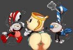 1girl 2boys ass big_ass cuphead_(character) cuphead_(game) dat_ass ms._chalice mugman_(character) netflix no_panties no_underwear oddrich panties_removed pussy tagme the_cuphead_show timoteihiv upskirt