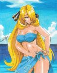 1girl alluring beach big_breasts bikini blonde_hair blue_bikini cleavage cynthia cynthia_(pokemon) grey_eyes hair_over_one_eye legs long_hair looking_at_viewer nintendo ocean pokemon ravern_clouk sarong shirona shirona_(pokemon) smile swimsuit thighs toned traditional_media_(artwork) voluptuous water