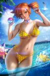  1girl asymmetrical_hair ayya_saparniyazova beach bikini blush bra breasts clothing creatures_(company) eyelashes female_only game_freak gen_1_pokemon gen_2_pokemon green_eyes gym_leader hair_between_eyes hair_tie high_resolution holding holding_object holding_poke_ball humans_of_pokemon kasumi_(pokemon) legs looking_at_viewer misty_(pokemon) navel nintendo open_mouth orange_hair partially_submerged pikachu poke_ball pokemon pokemon_(anime) pokemon_(classic_anime) pokemon_(game) pokemon_frlg pokemon_red_green_blue_&amp;_yellow pokemon_rgby ponytail pose short_hair shorts side_ponytail smile starmie swimsuit thighs tied_hair togepi very_high_resolution water wet yellow_bikini yellow_swimsuit 