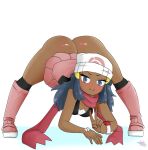  1girl alternate_skin_color ass beanie blackwashed blue_eyes blue_hair blush boots bracelet dark-skinned_female dawn female_focus female_only full_body game_freak headwear jack-o_pose knee_boots long_hair looking_at_viewer nintendo no_panties pink_footwear pokemon pokemon_bdsp pokemon_dppt protoscene scarf simple_background smile socks solo_female solo_focus tan tan_skin tanned watermark white_background wristwatch 