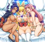  1girl 3_girls ahoge animal_ears bed big_breasts blonde_hair blue_hair bow breasts breasts_out_of_clothes brown_eyes clothes_pull clothing dark_skin earrings female_only fox_tail fusehime_maaya gloves hair_bow hair_ornament hairband izuna_(shinrabanshou) jacket jewelry kitsunemimi legwear long_hair mimonel monster_girl multiple_girls multiple_tails navel nipples nopan open_clothes open_mouth open_shirt panties pink_hair plump ponytail pussy red_eyes sangankenshou_tatara shinrabanshou shirt shirt_lift shirt_pull shoes side-tie_panties smile stockings sweat tail tatarabe_tatara third_eye tied_hair underwear very_long_hair white_legwear yellow_eyes 