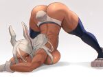 1girl animal_ears ass breast_press breasts bunny_ears bunny_tail clothing dark-skinned_female dark_skin female_only high_resolution jack-o'_challenge large_ass lesott mirko muscle muscular_female my_hero_academia red_eyes short_shorts shorts sideboob simple_background stockings tail top-down_bottom-up usagiyama_rumi white_background white_hair