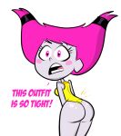 1girl 2017 ass blush breasts cartoon_network dat_ass dc_comics dialogue english_text green_skin jinx leotard pink_eyes pink_hair scobionicle99 shiny_ass shiny_skin teen_titans teen_titans_go text tight_clothes tight_clothing tight_leotard young_adult