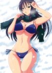 1girl aokura_shou bikini black_eyes black_hair blue_bikini breasts breath female highres large_breasts legs long_hair lying navel original scarf side-tie_bikini snow solo swimsuit thigh_gap thighs underboob wide_hips