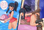 1boy 1girl abdominal_bulge ahegao beach_ball blush dark-skinned_male dark_skin dawn dialogue english_text eyes_rolled_back footwear game_freak interracial lake nintendo open_mouth pokemon pokemon_diamond_pearl_&_platinum pokemon_dppt ponytail protoscene sandals sex smile swimsuit text tongue tongue_out water