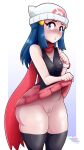  1girl beanie blue_eyes blue_hair blush cute dawn game_freak headwear long_hair nintendo no_panties pokemon pokemon_dppt protoscene pubic_hair pussy scarf skirt_lift solo_female solo_focus watermark wristwatch 