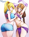  1girl 2_girls alluring alternate_version_available arms_above_head ass blonde_hair brown_hair clothing company_connection crossover duo female_only jewelry light-skinned_female light_skin loincloth metroid midriff minacream nintendo ponytail princess_zelda samus_aran the_legend_of_zelda yuri zelda_(twilight_princess) 