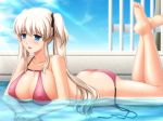  1girl barefoot bikini blue_eyes blush breasts butt_crack cloud covered_nipples erect_nipples female jewelry kafu large_breasts legs light_rays long_hair lying mabinogi nao nao_(mabinogi) on_stomach partially_submerged pool red_bikini ring shallow_water side-tie_bikini sky solo summer sunbeam sunlight swimsuit thighs twintails untied water wet white_hair 