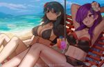 1girl 2_girls :d alluring alternate_costume arms_up artist_name bare_shoulders big_breasts bikini black_bikini black_swimsuit blue_sky byleth_(fire_emblem) byleth_(fire_emblem)_(female) byleth_(summer)_(fire_emblem)_(female) chocojax cleavage cloud day female_only fire_emblem fire_emblem:_three_houses fire_emblem_heroes fire_emblem_warriors:_three_hopes flower hair_flower hair_ornament high_res multiple_girls navel nintendo ocean official_alternate_costume purple_hair red_flower shez_(fire_emblem) shez_(fire_emblem)_(female) sky smile stomach sunglasses swimsuit teal_hair thighs tinted_eyewear watermark white_flower